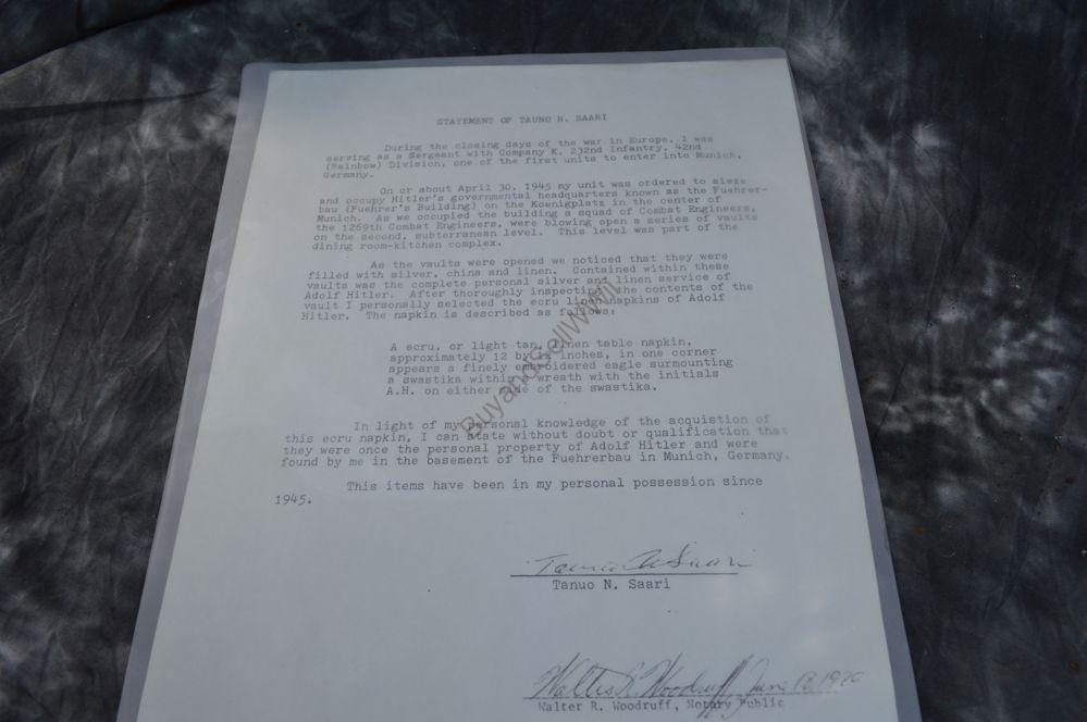 WW2 German Adolf Hitler napkin documentation