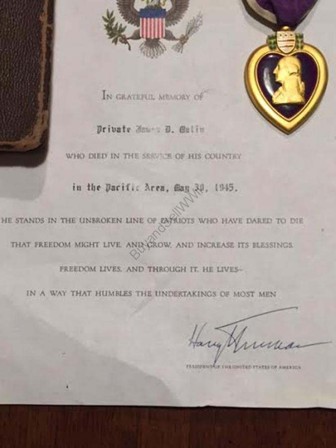WWII US Purple Heart KIA — posthumous medal with accommodation paperwork